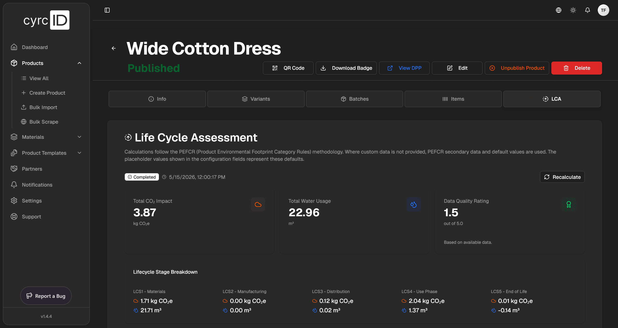LCA calculation screenshot